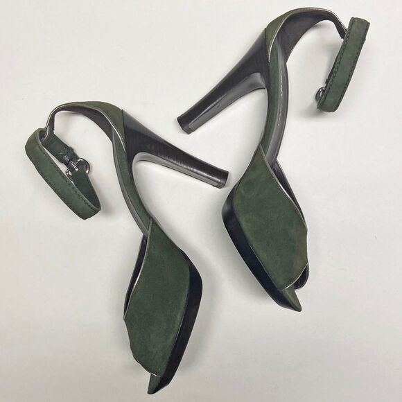 DKNY Green Suede D'Orsay Heels Size 10 Ankle Strap Peep Toe Metallic Trim Italy - Picture 5 of 9
